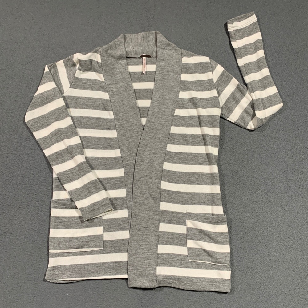 Kids Girls Large Gray White Striped Cardigan Sweater Pockets Long Sleeve